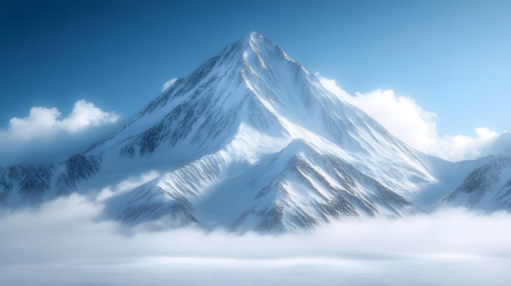 Snow-covered mountain peak rises against crystal blue sky, capturing serene alpine landscape with pristine snow and ethereal mountain atmosphere. superior photo