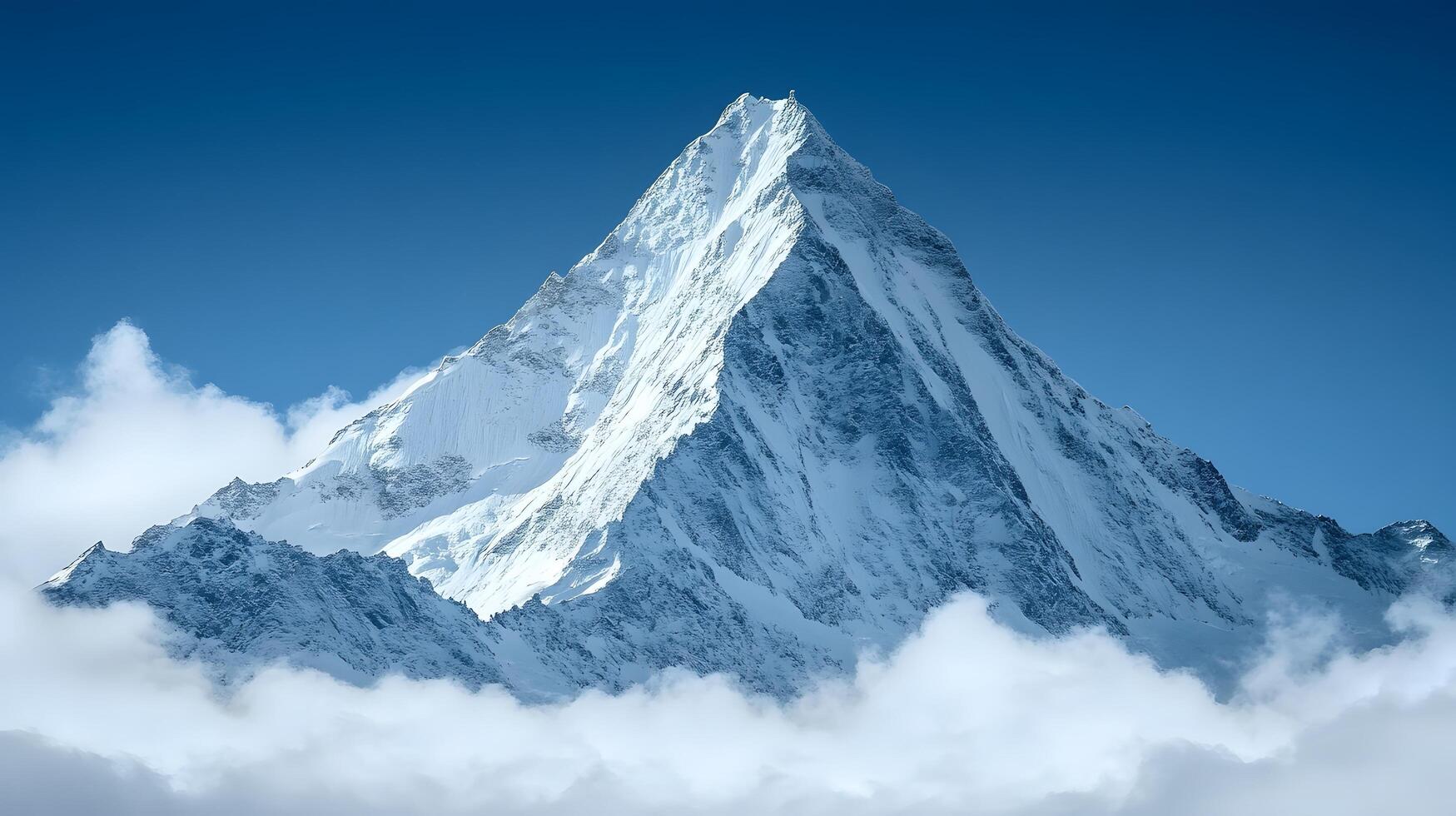 Snow-covered mountain peak rises against crystal blue sky, capturing serene alpine landscape with pristine snow and ethereal mountain atmosphere. excellent photo