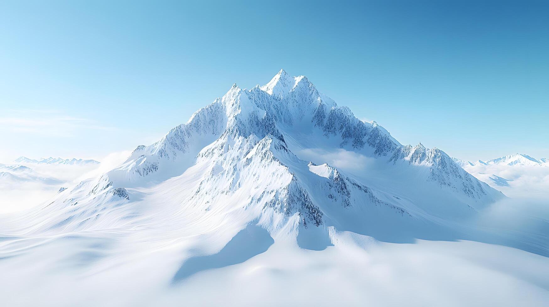 Snow-covered mountain peak rises against crystal blue sky, capturing serene alpine landscape with pristine snow and ethereal mountain atmosphere. pristine photo