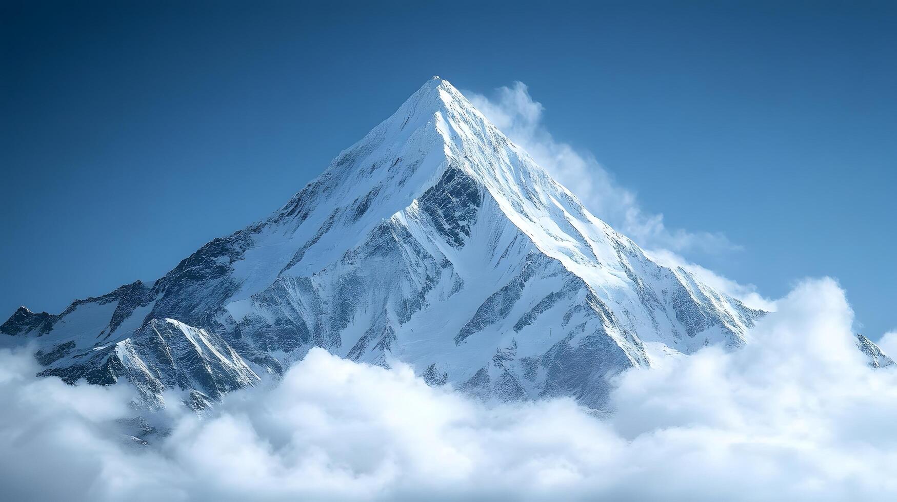Snow-covered mountain peak rises against crystal blue sky, capturing serene alpine landscape with pristine snow and ethereal mountain atmosphere. ethereal photo