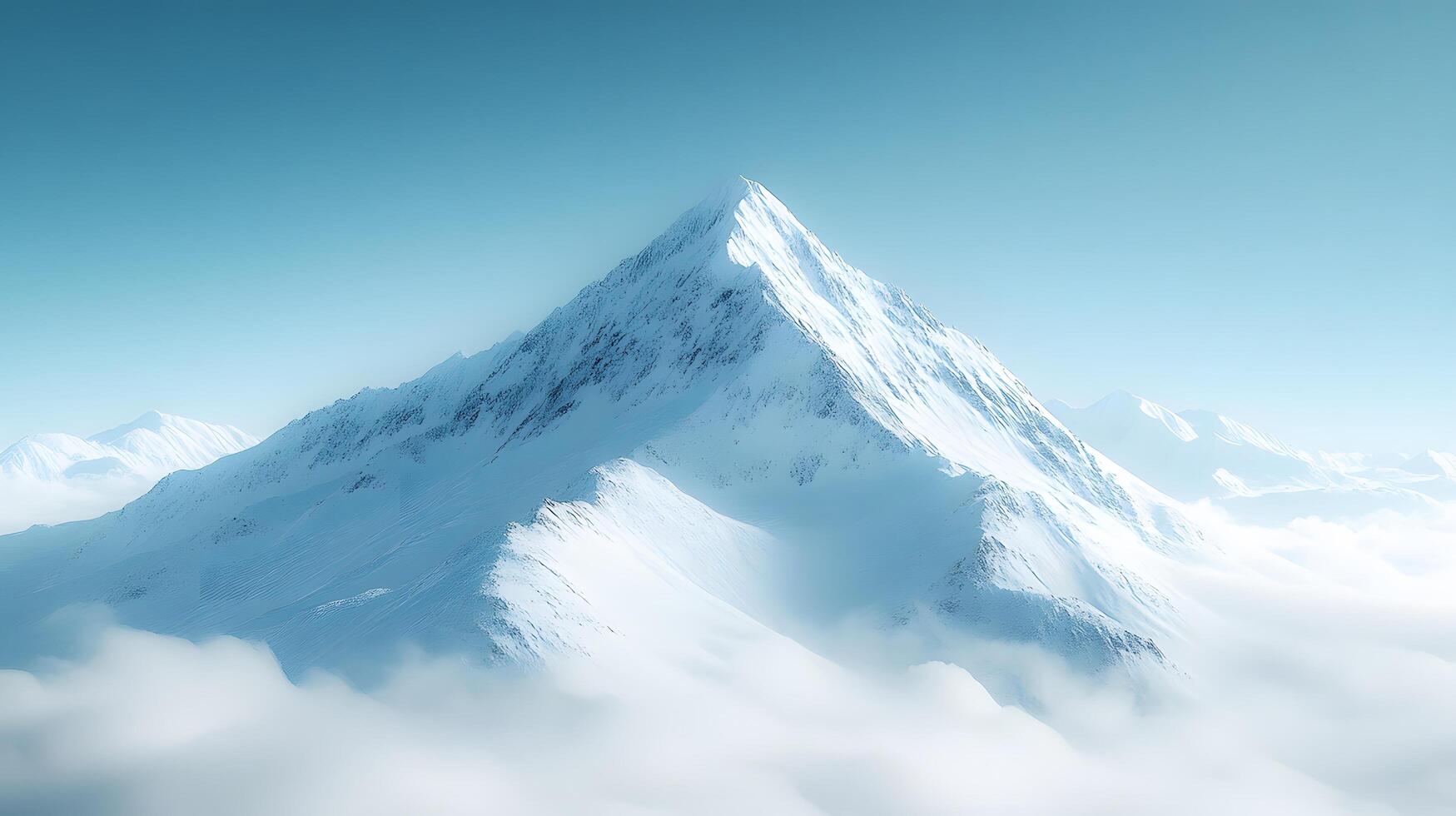 Snow-covered mountain peak rises against crystal blue sky, capturing serene alpine landscape with pristine snow and ethereal mountain atmosphere. summit photo