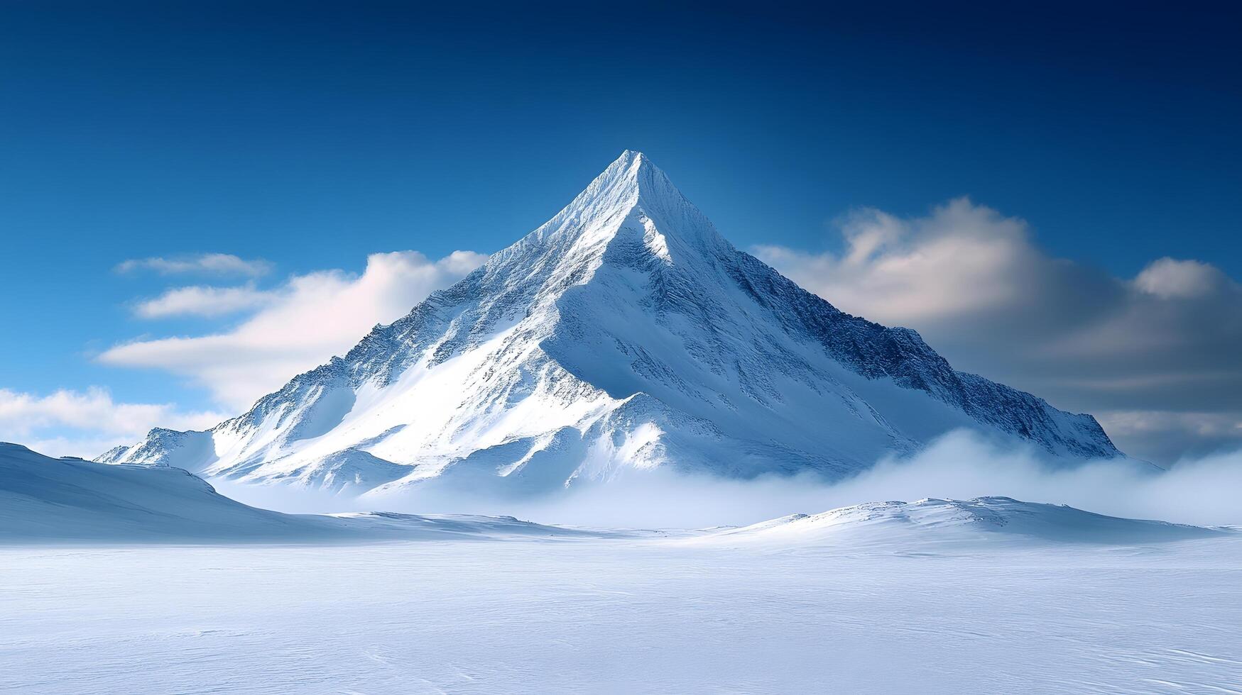 Snow-covered mountain peak rises against crystal blue sky, capturing serene alpine landscape with pristine snow and ethereal mountain atmosphere. altitude photo