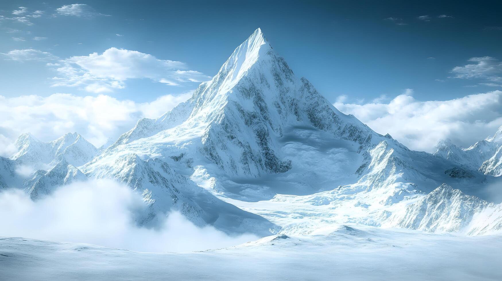 Snow-covered mountain peak rises against crystal blue sky, capturing serene alpine landscape with pristine snow and ethereal mountain atmosphere. height photo