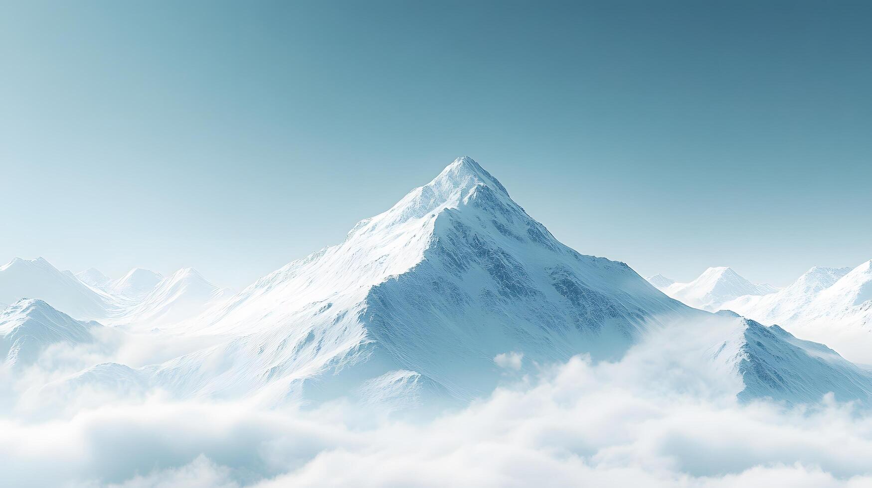Snow-covered mountain peak rises against crystal blue sky, capturing serene alpine landscape with pristine snow and ethereal mountain atmosphere. majestic photo