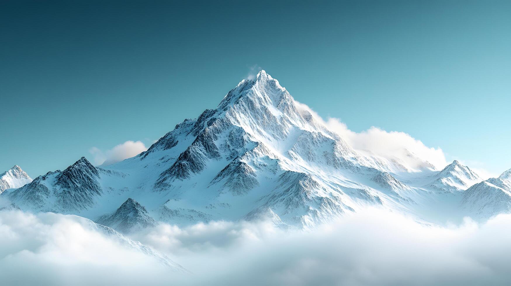 Snow-covered mountain peak rises against crystal blue sky, capturing serene alpine landscape with pristine snow and ethereal mountain atmosphere. elevation photo