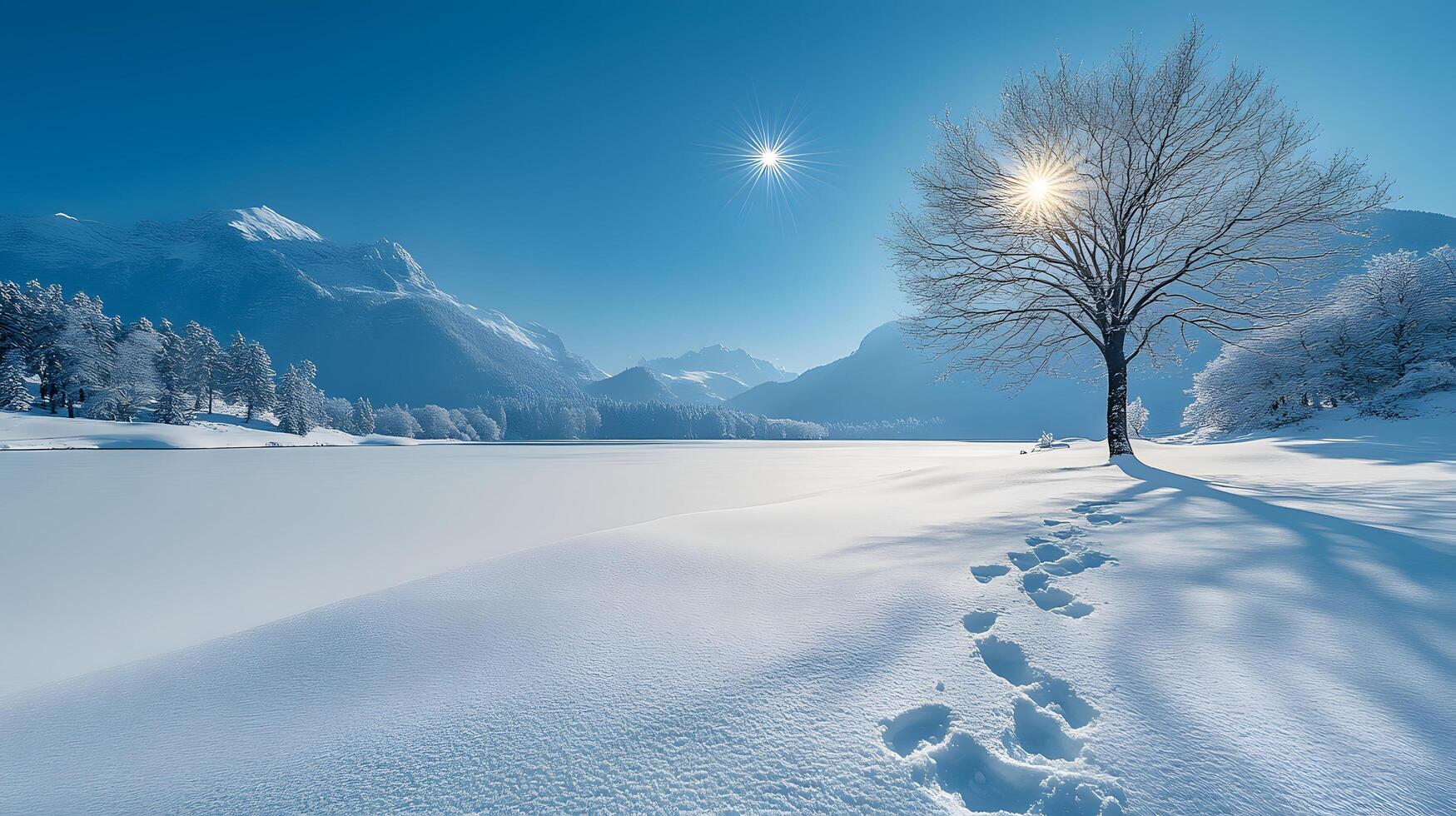 Pristine winter landscape with snow-covered ground, sunlit sky, mountains, and lone tree creates serene panoramic scene with dramatic natural lighting. mountains photo