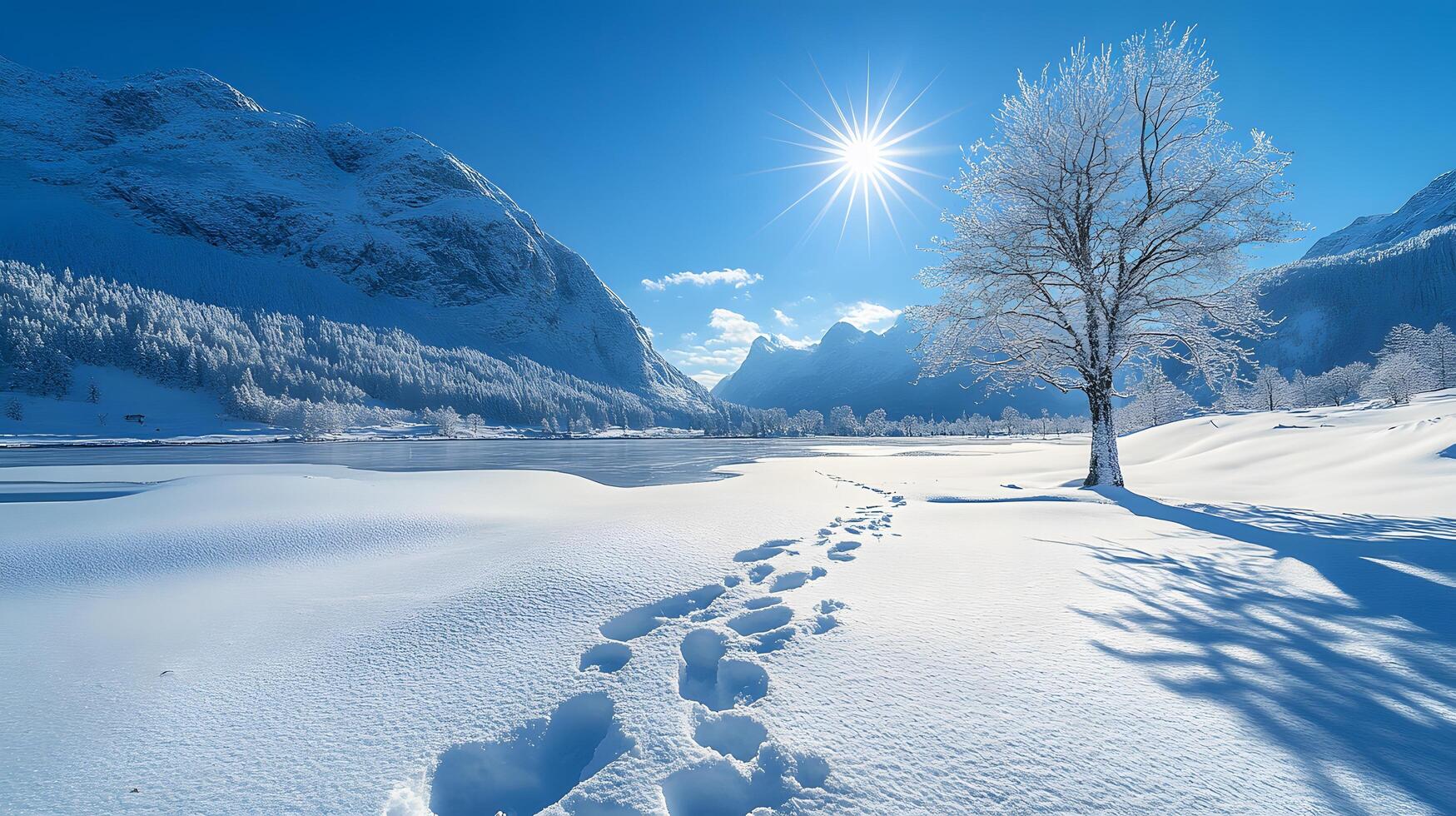 Pristine winter landscape with snow-covered ground, sunlit sky, mountains, and lone tree creates serene panoramic scene with dramatic natural lighting. serene photo