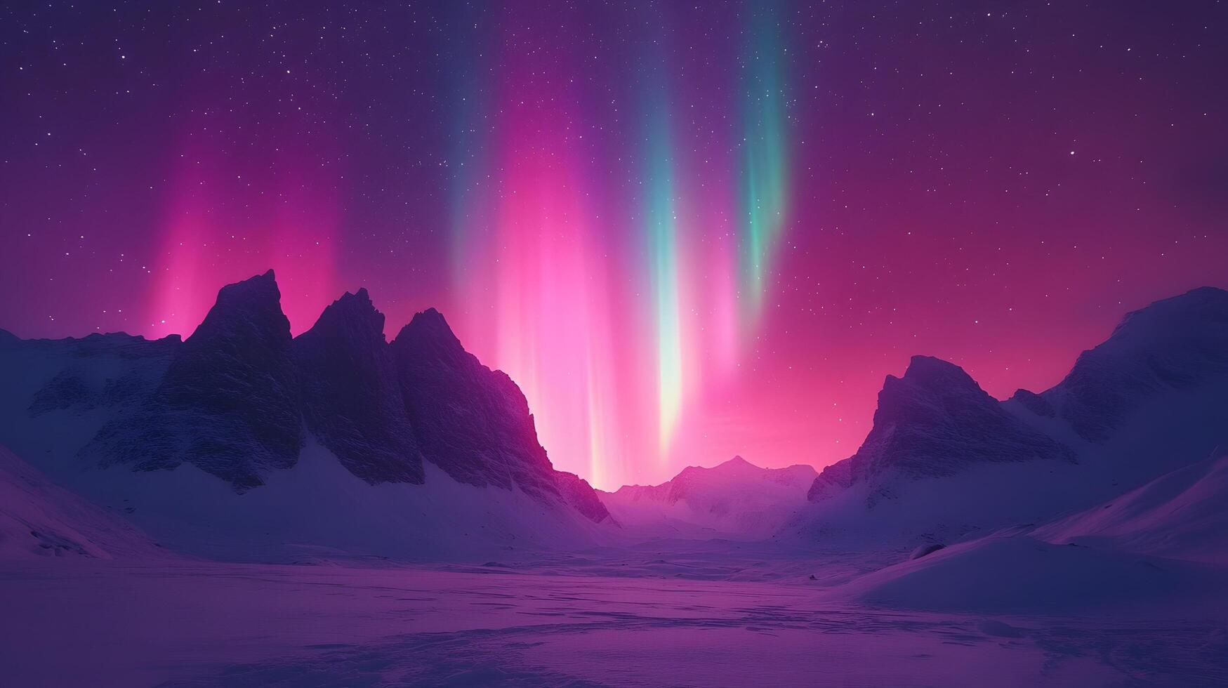 Spectacular aurora borealis displays vibrant pink and turquoise lights over mountain silhouettes, creating mystical arctic nighttime panorama. universal photo