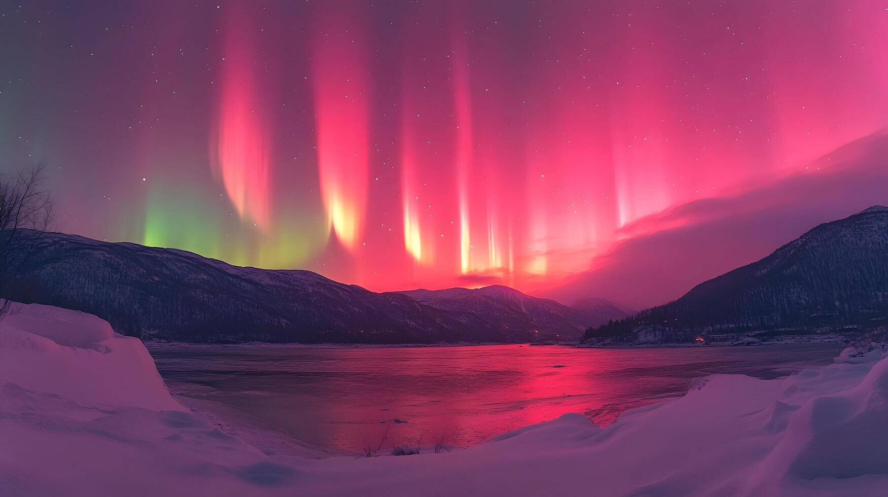 Spectacular aurora borealis displays vibrant pink and turquoise lights over mountain silhouettes, creating mystical arctic nighttime panorama. enchanting photo