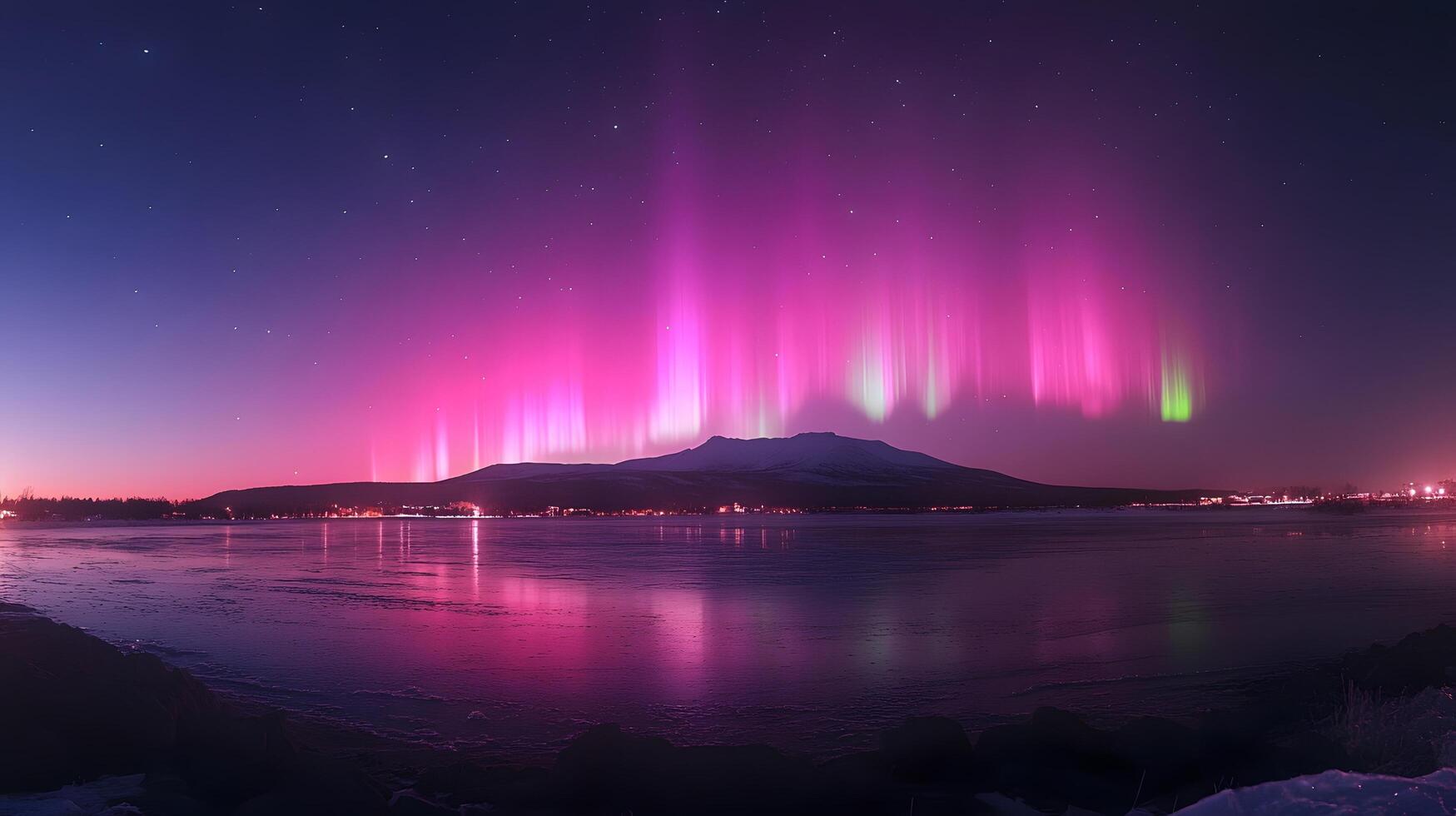 Spectacular aurora borealis displays vibrant pink and turquoise lights over mountain silhouettes, creating mystical arctic nighttime panorama. mesmerizing photo