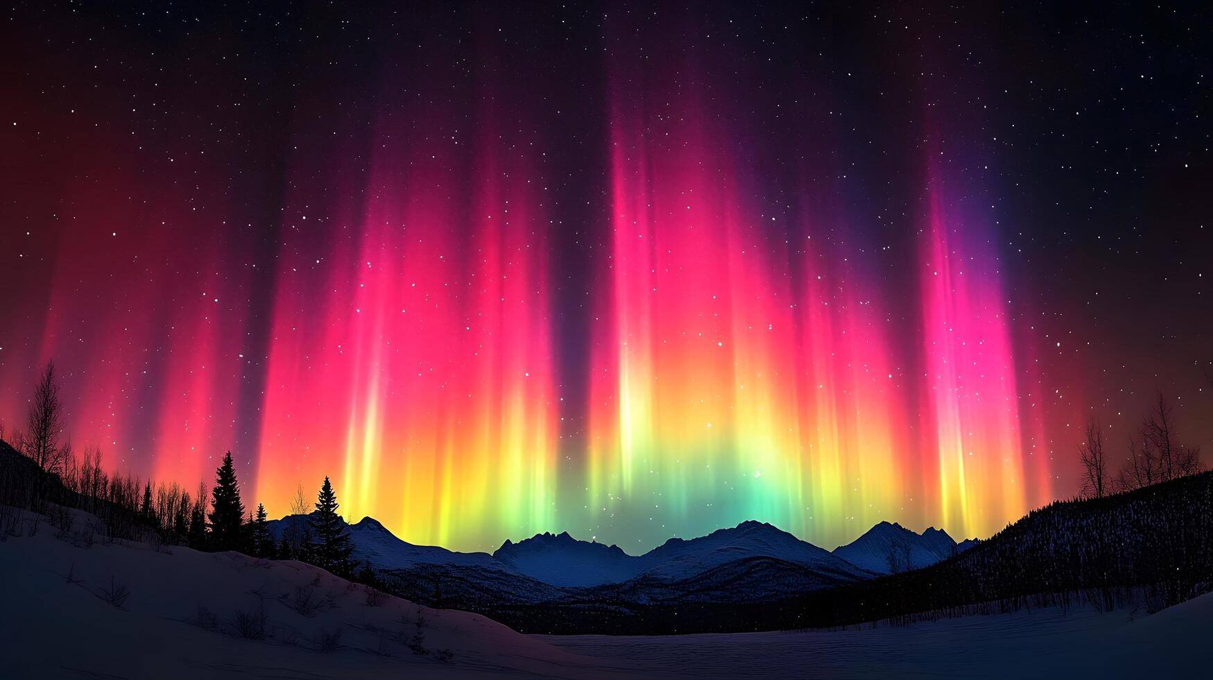 Spectacular aurora borealis displays vibrant pink and turquoise lights over mountain silhouettes, creating mystical arctic nighttime panorama. pink photo