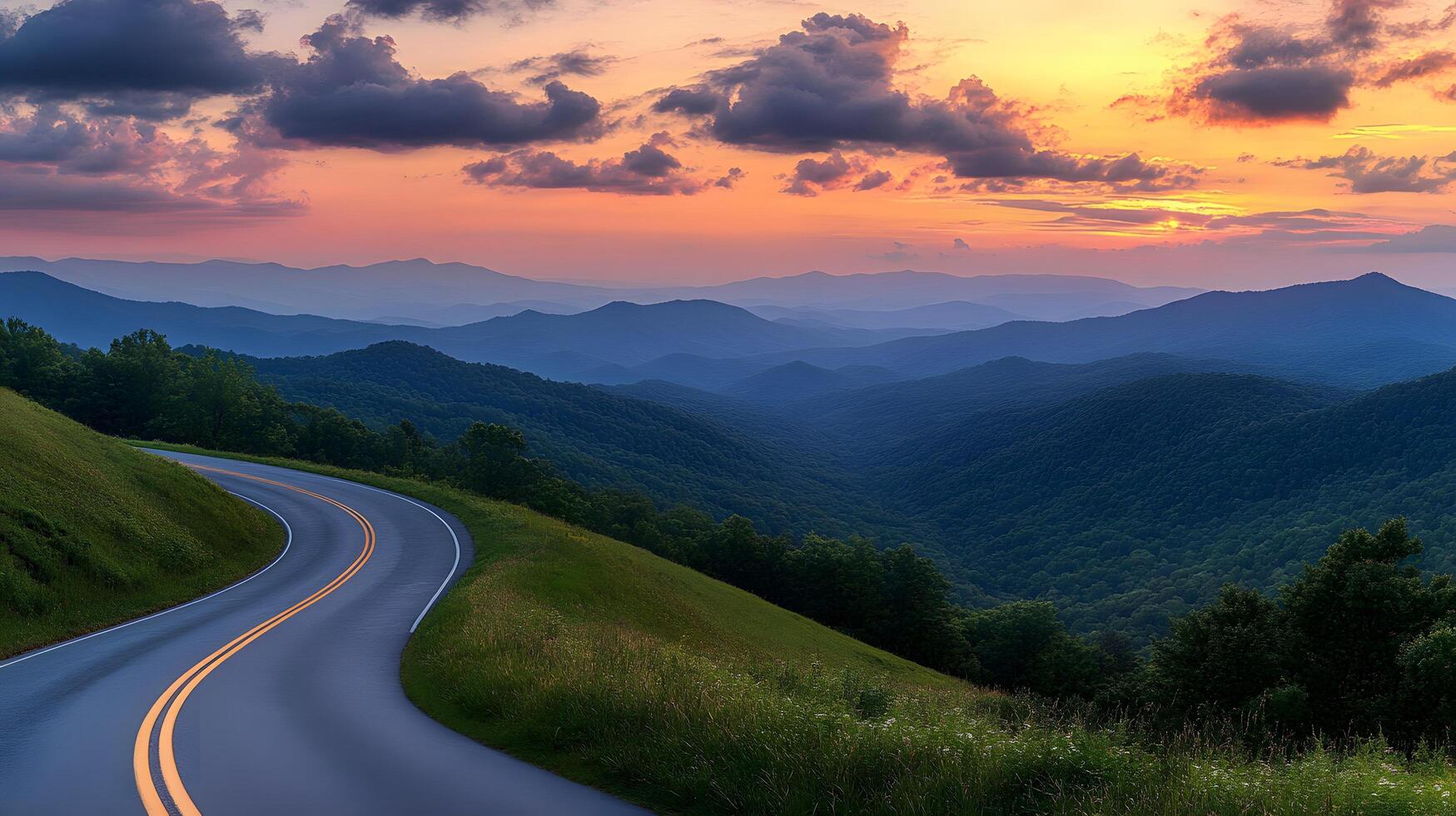 Scenic mountain road curves through rolling hills at sunset, golden sky and dramatic clouds create cinematic landscape with perfect perspective. curving photo