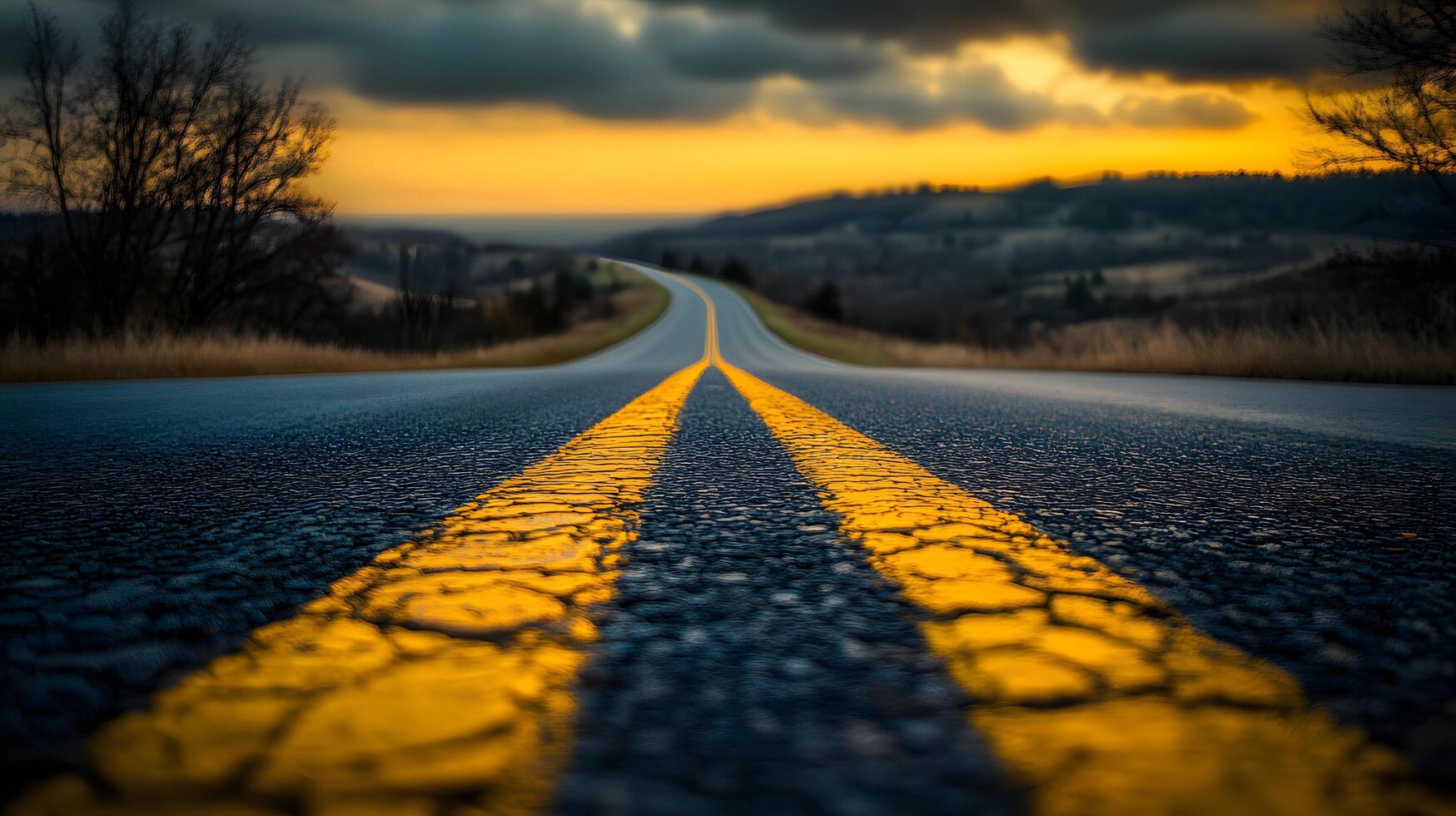 Scenic mountain road curves through rolling hills at sunset, golden sky and dramatic clouds create cinematic landscape with perfect perspective. meandering photo