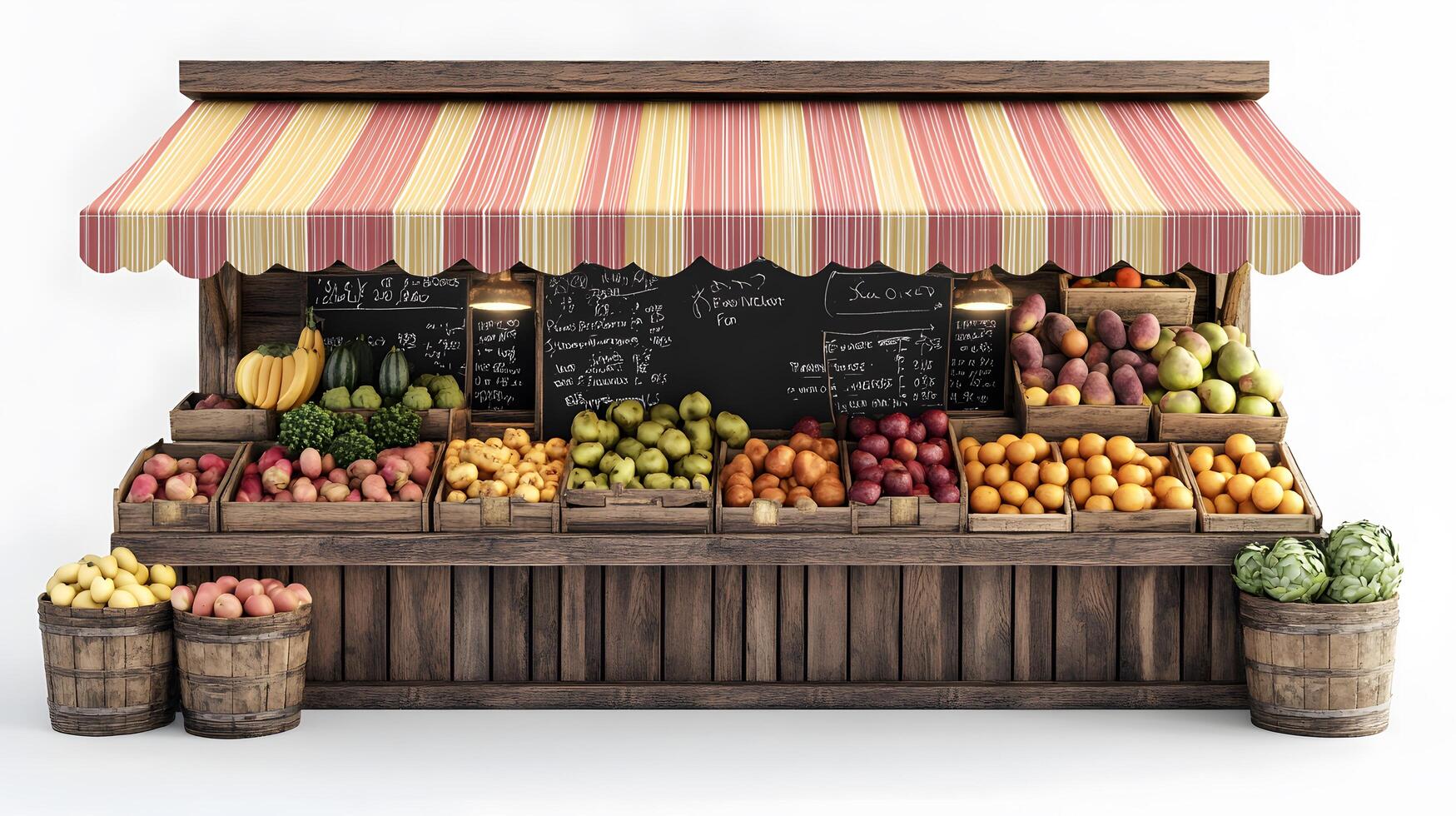 Charming wooden fruit stand with multicolored striped awnings displays fresh produce, featuring rustic market design with detailed retail elements. fruit photo