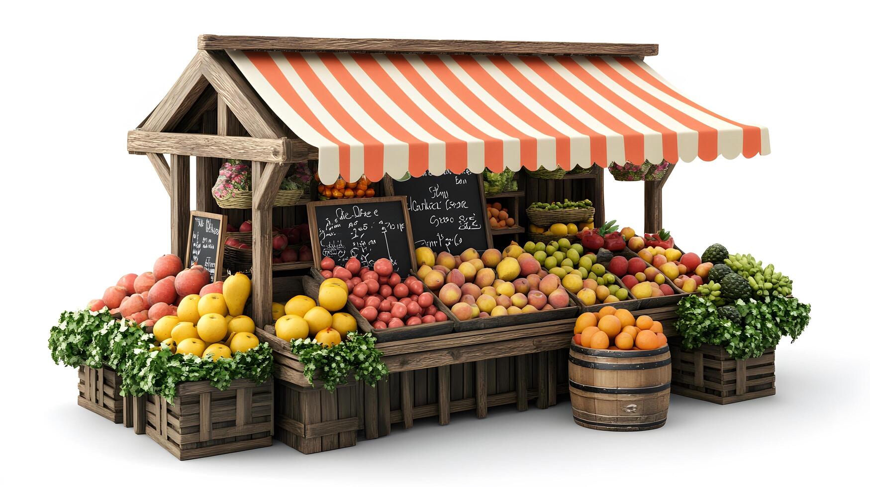 Charming wooden fruit stand with multicolored striped awnings displays fresh produce, featuring rustic market design with detailed retail elements. colorful photo