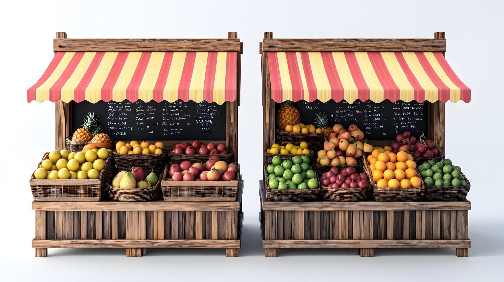Charming wooden fruit stand with multicolored striped awnings displays fresh produce, featuring rustic market design with detailed retail elements. market photo