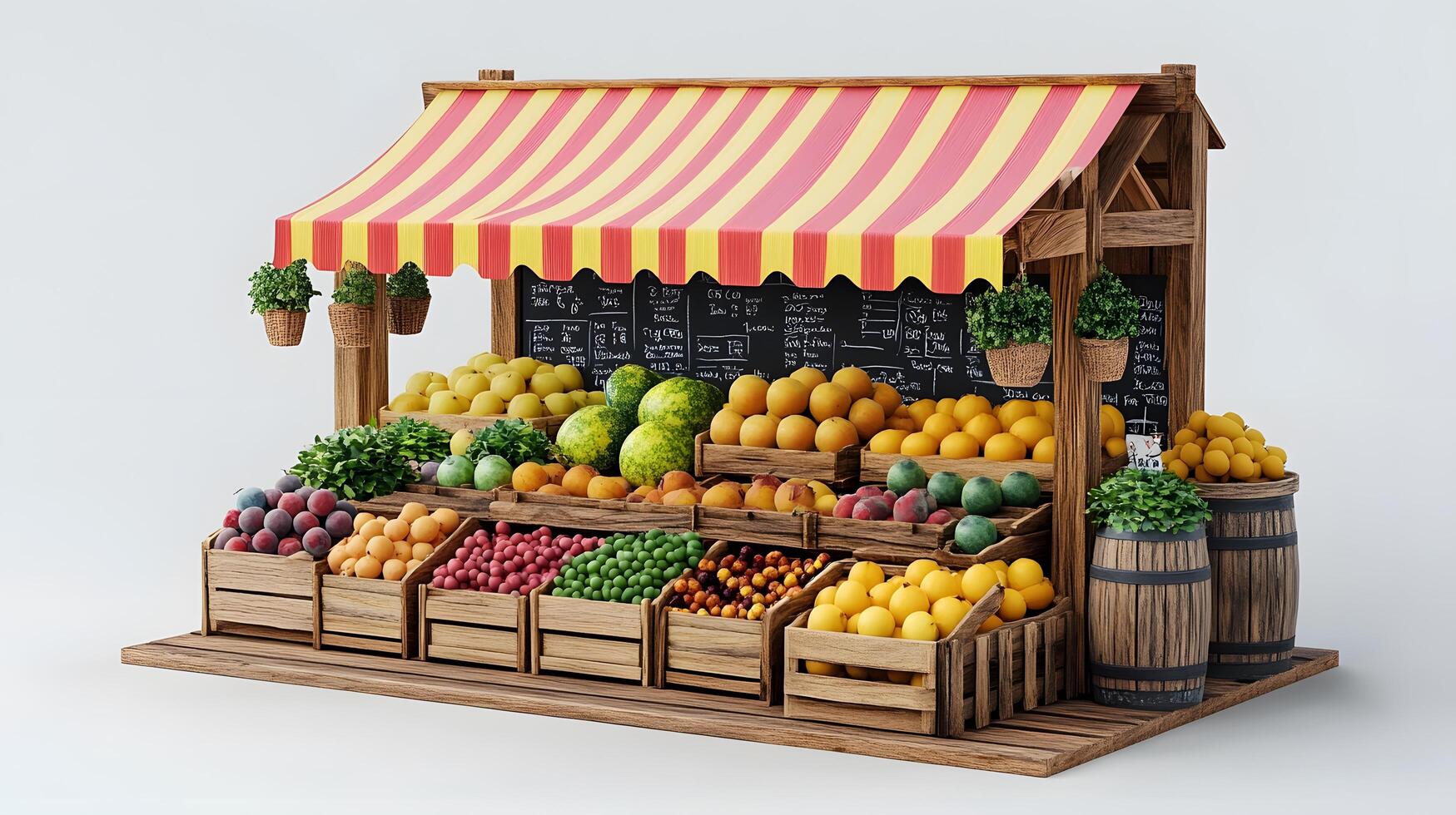 Charming wooden fruit stand with multicolored striped awnings displays fresh produce, featuring rustic market design with detailed retail elements. retail photo
