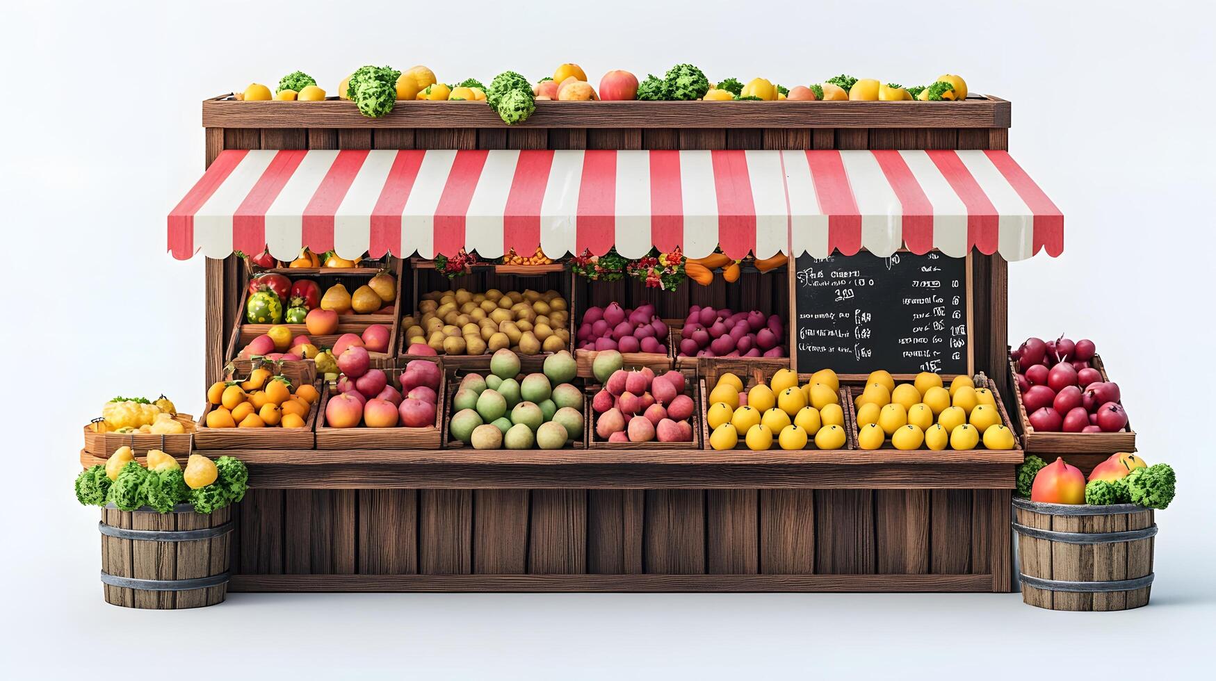 Charming wooden fruit stand with multicolored striped awnings displays fresh produce, featuring rustic market design with detailed retail elements. rustic photo