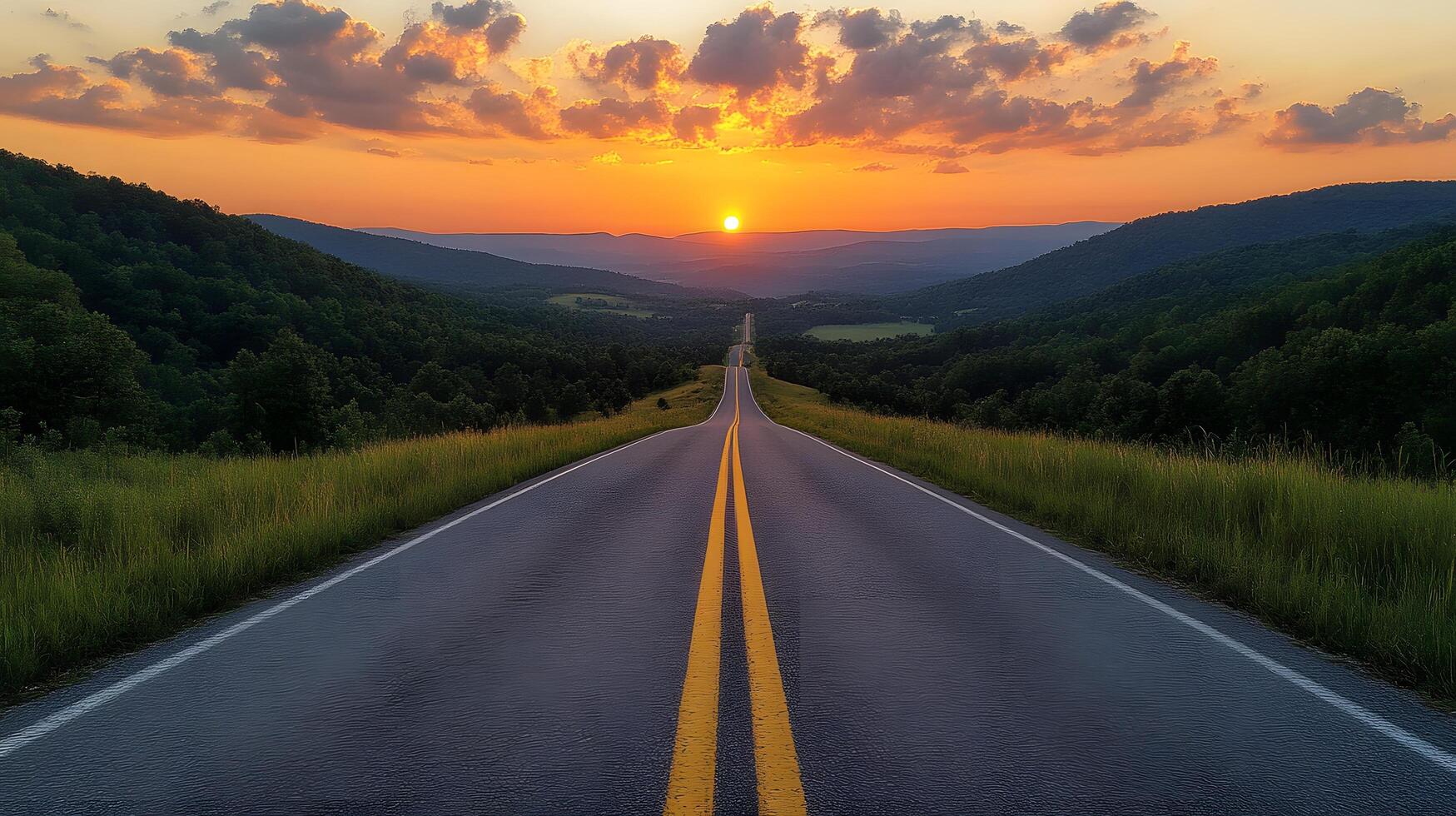 Scenic mountain road curves through rolling hills at sunset, golden sky and dramatic clouds create cinematic landscape with perfect perspective. mountain photo