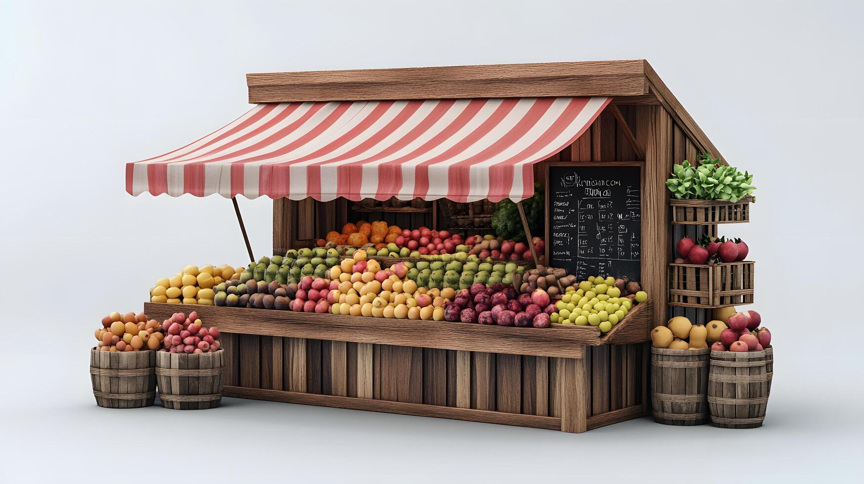Charming wooden fruit stand with multicolored striped awnings displays fresh produce, featuring rustic market design with detailed retail elements. fresh photo