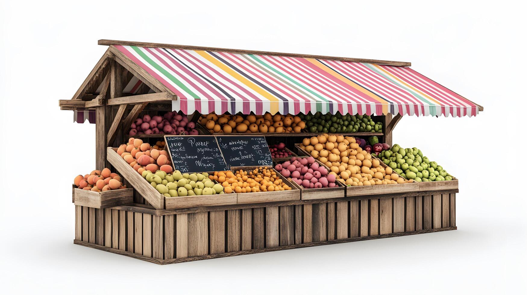 Charming wooden fruit stand with multicolored striped awnings displays fresh produce, featuring rustic market design with detailed retail elements. produce photo