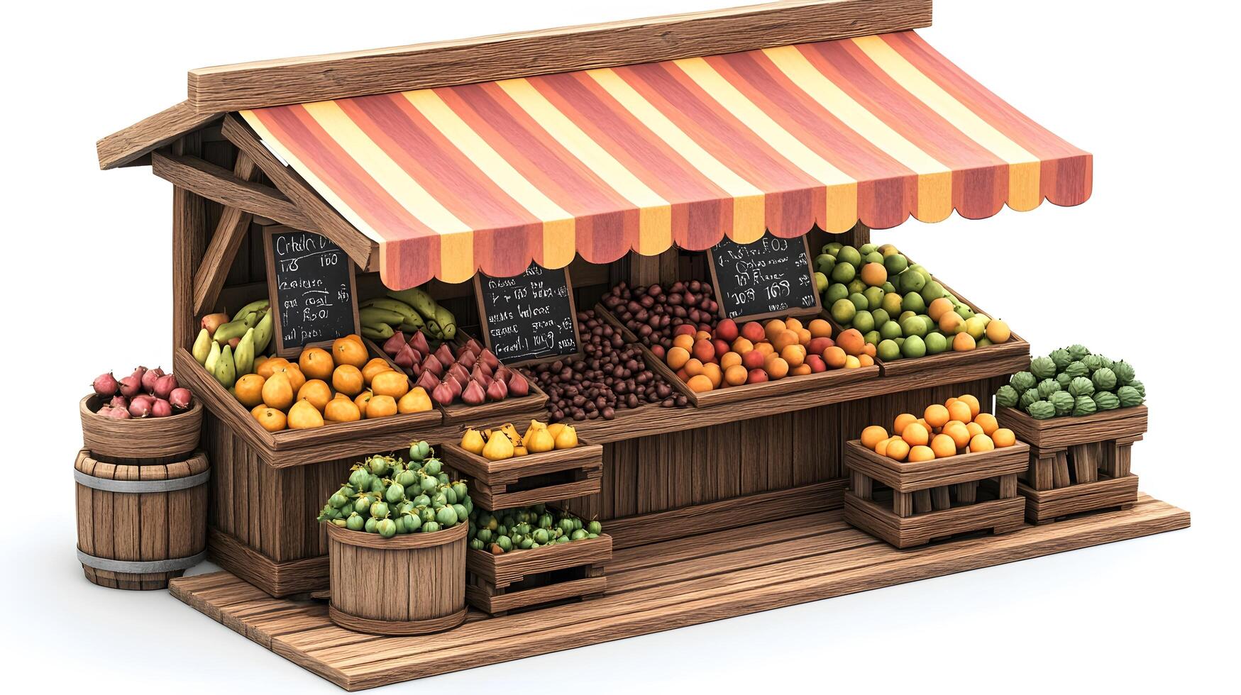 Charming wooden fruit stand with multicolored striped awnings displays fresh produce, featuring rustic market design with detailed retail elements. nutritious photo