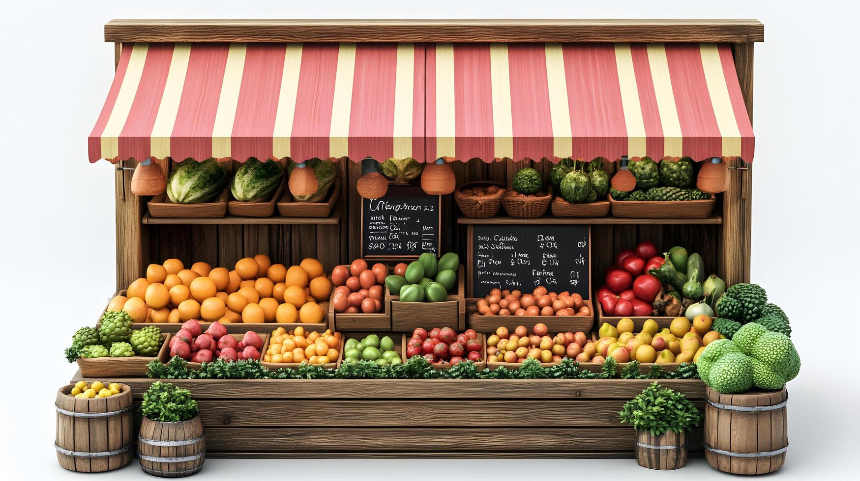 Charming wooden fruit stand with multicolored striped awnings displays fresh produce, featuring rustic market design with detailed retail elements. wholesome photo