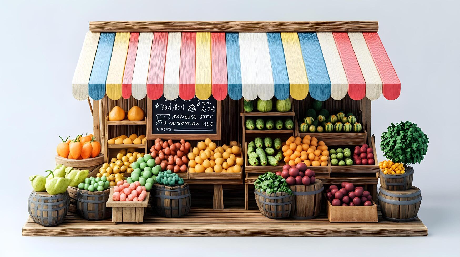 Charming wooden fruit stand with multicolored striped awnings displays fresh produce, featuring rustic market design with detailed retail elements. seasonal photo