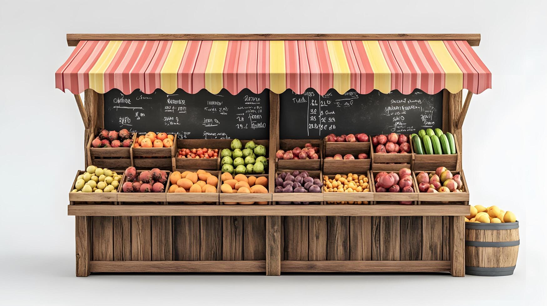 Charming wooden fruit stand with multicolored striped awnings displays fresh produce, featuring rustic market design with detailed retail elements. local photo