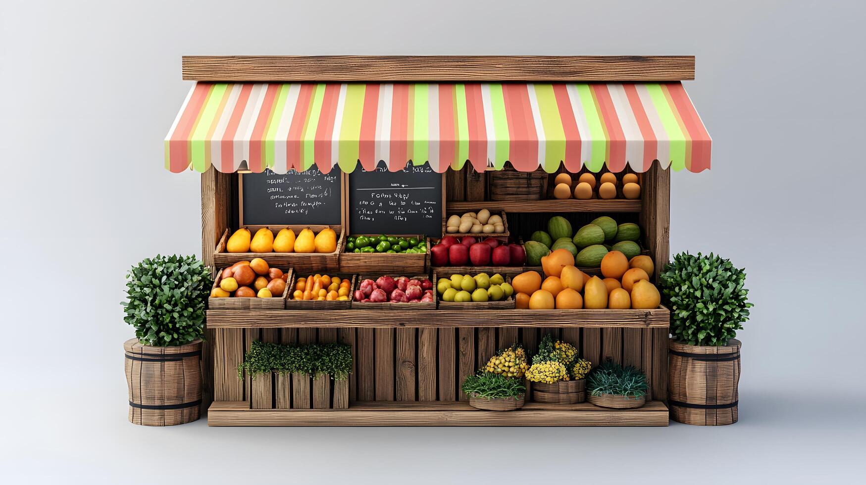 Charming wooden fruit stand with multicolored striped awnings displays fresh produce, featuring rustic market design with detailed retail elements. regional photo