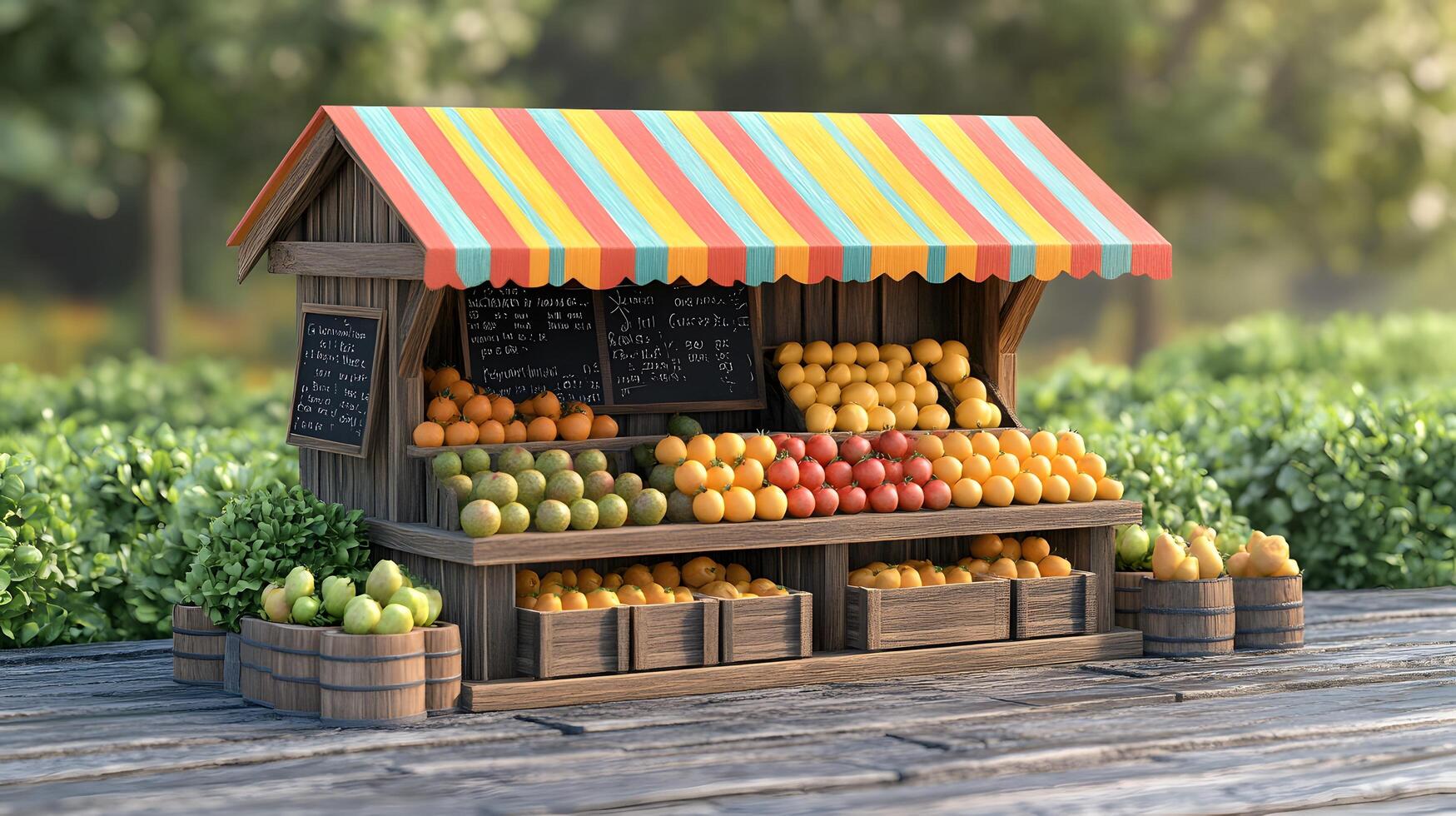 Charming wooden fruit stand with multicolored striped awnings displays fresh produce, featuring rustic market design with detailed retail elements. genuine photo