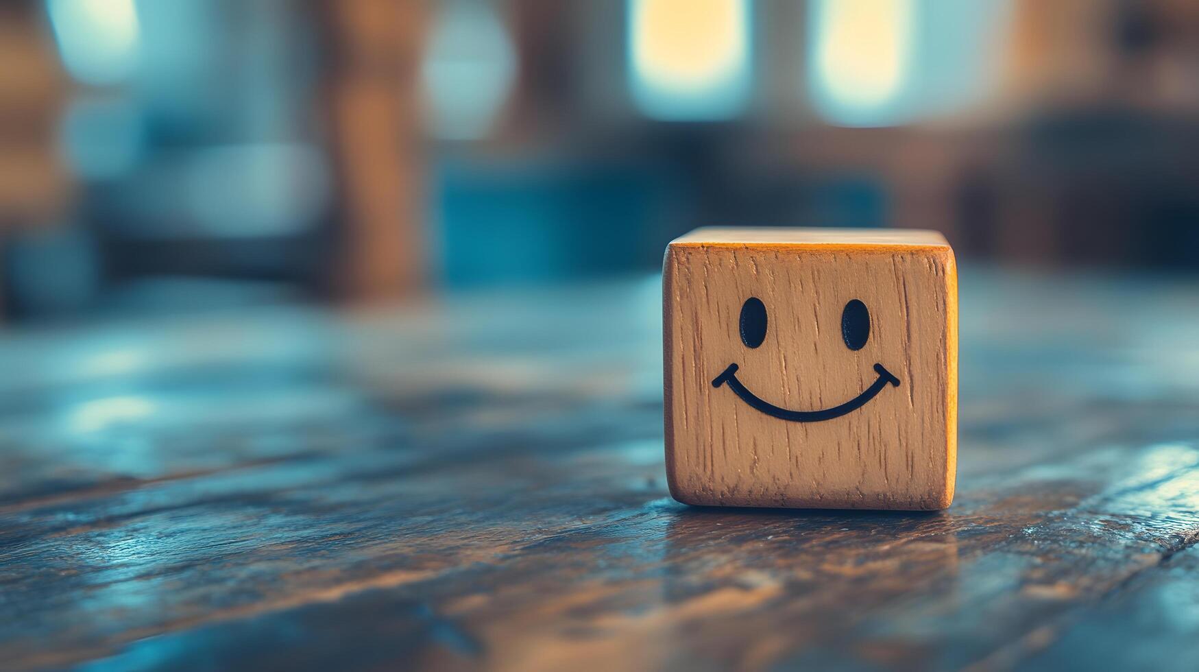 Wooden cube featuring simple smiley face stands against blurred modern office background. Warm bokeh lighting creates shallow depth of field in minimalist composition. background photo