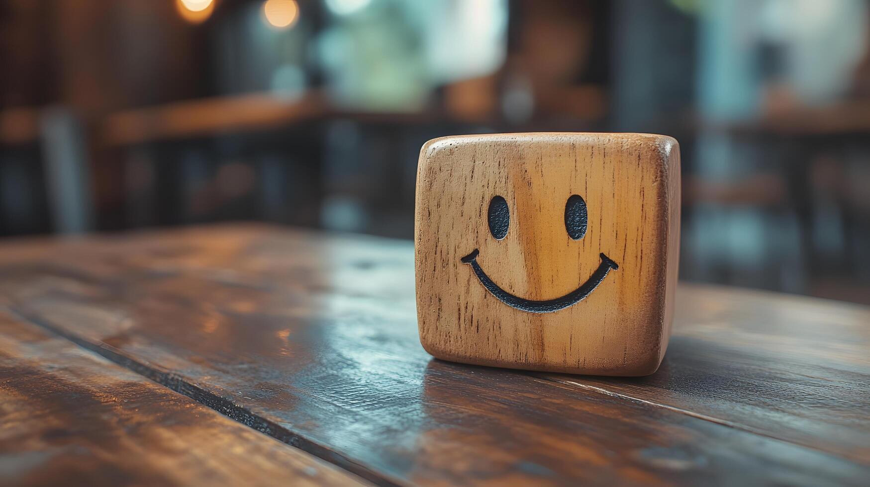 Wooden cube featuring simple smiley face stands against blurred modern office background. Warm bokeh lighting creates shallow depth of field in minimalist composition. joyful photo