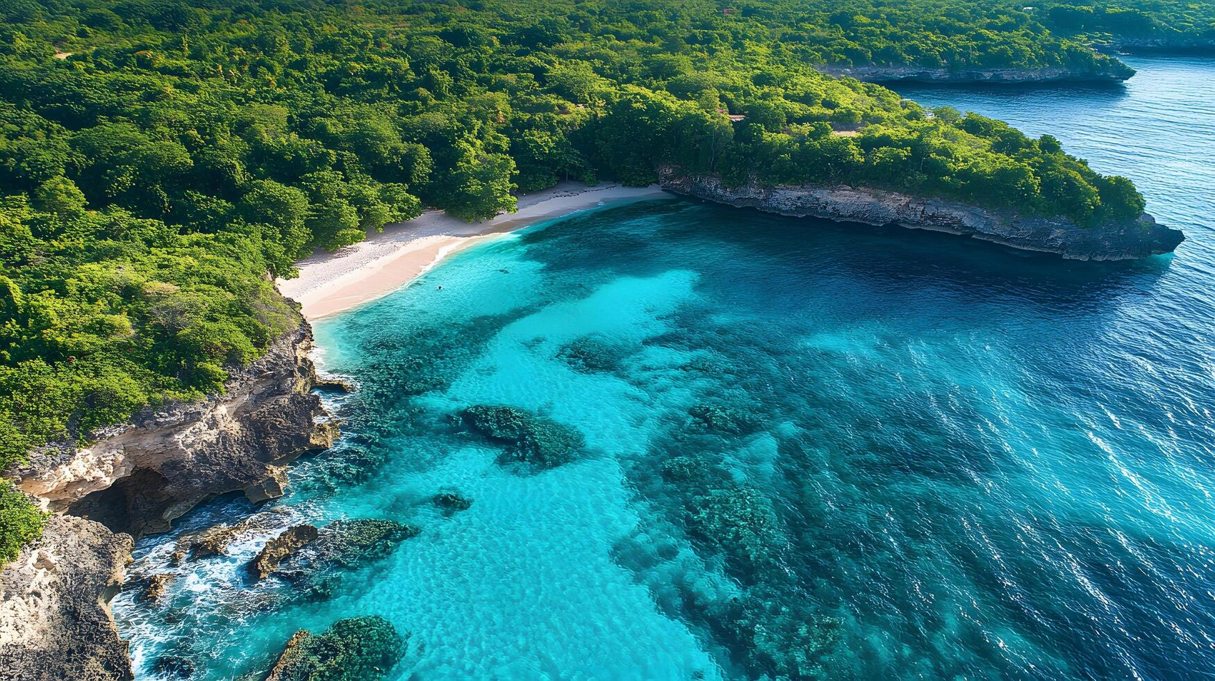 Pristine turquoise ocean waves meet sandy beach along rocky coastline, captured from aerial drone view. White foam waves crash against crystal clear water, creating dramatic coastal scenery. ocean photo