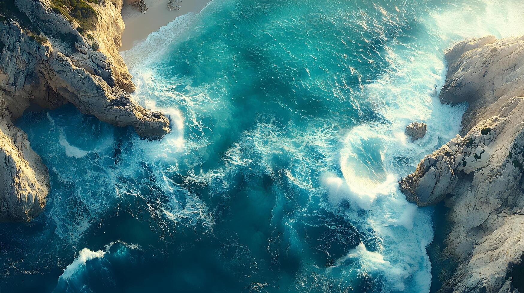 Pristine turquoise ocean waves meet sandy beach along rocky coastline, captured from aerial drone view. White foam waves crash against crystal clear water, creating dramatic coastal scenery. coastlin photo
