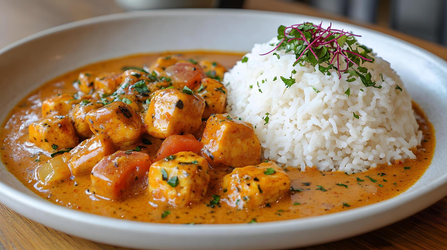 Tender chicken chunks in rich orange curry sauce rest on fluffy white jasmine rice. Fresh cilantro garnish adorns white ceramic plate in appetizing food photography presentation. food photo