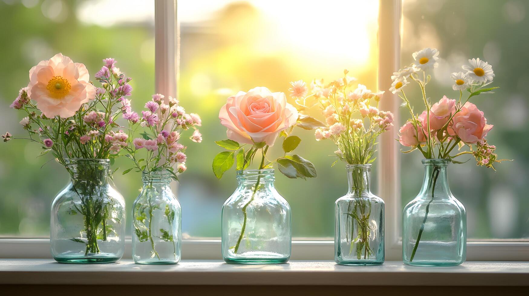 Pink roses and wildflowers rest in glass vases on sunny windowsill. Soft morning light creates dreamy bokeh background, while crystal clear bottles enhance romantic cottage core aesthetic. wildflower photo