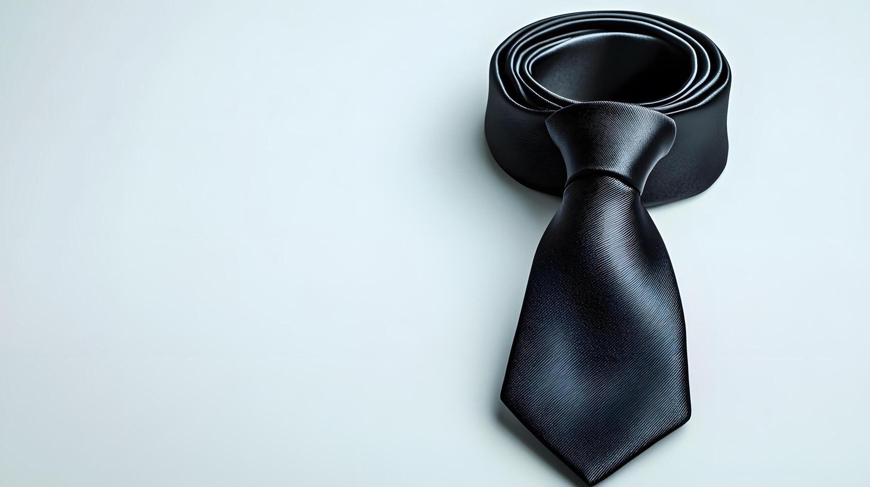 Elegant black silk necktie with collar displayed on pure white background. Minimalist business attire photography captures soft shadows and crisp details of luxury fashion accessory. accessory photo