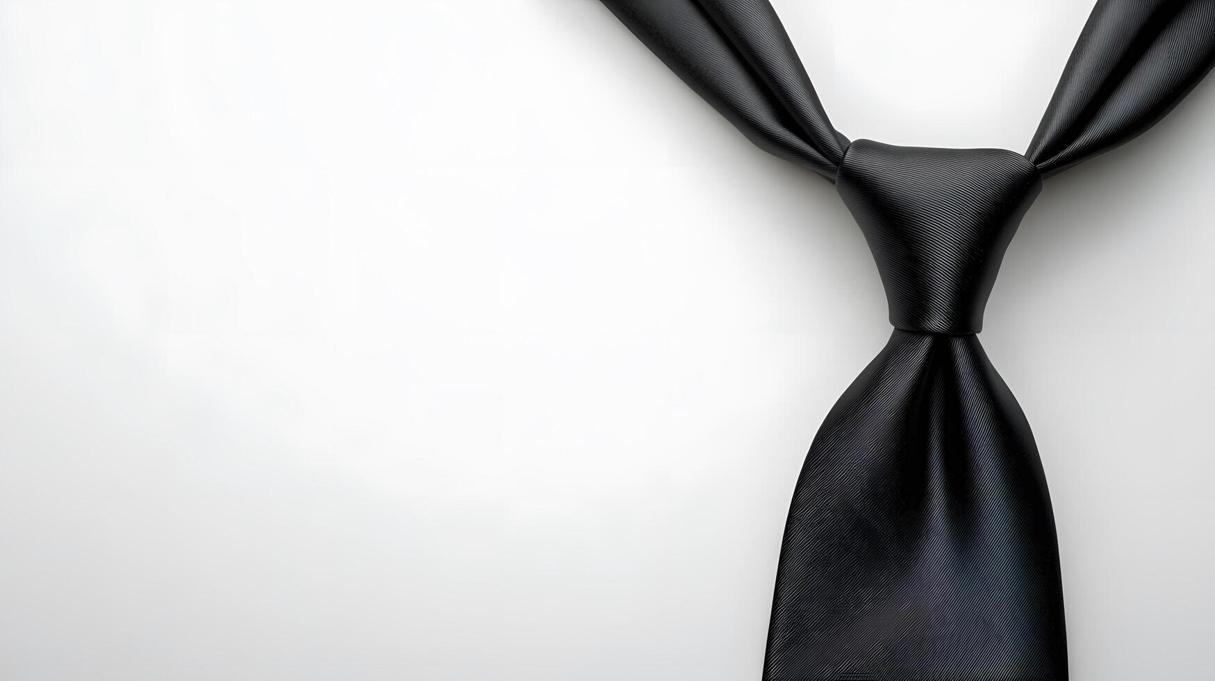 Elegant black silk necktie with collar displayed on pure white background. Minimalist business attire photography captures soft shadows and crisp details of luxury fashion accessory. refined photo