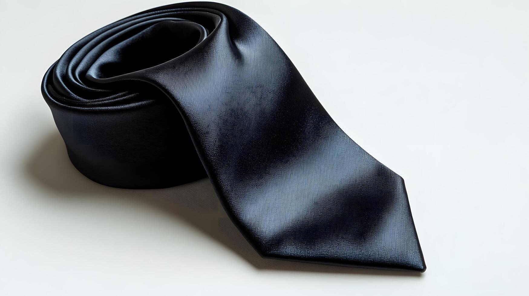 Elegant black silk necktie with collar displayed on pure white background. Minimalist business attire photography captures soft shadows and crisp details of luxury fashion accessory. sophisticated photo