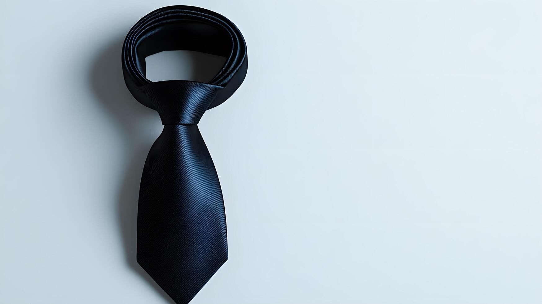 Elegant black silk necktie with collar displayed on pure white background. Minimalist business attire photography captures soft shadows and crisp details of luxury fashion accessory. classic photo