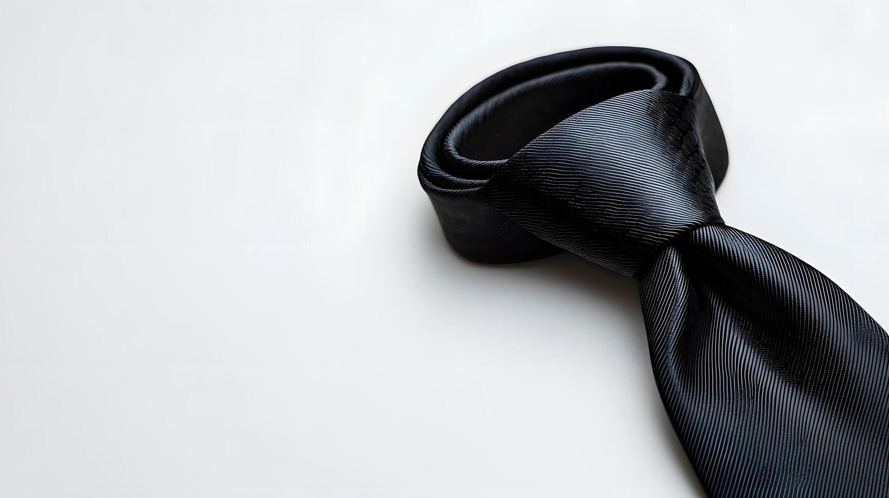Elegant black silk necktie with collar displayed on pure white background. Minimalist business attire photography captures soft shadows and crisp details of luxury fashion accessory. necktie photo