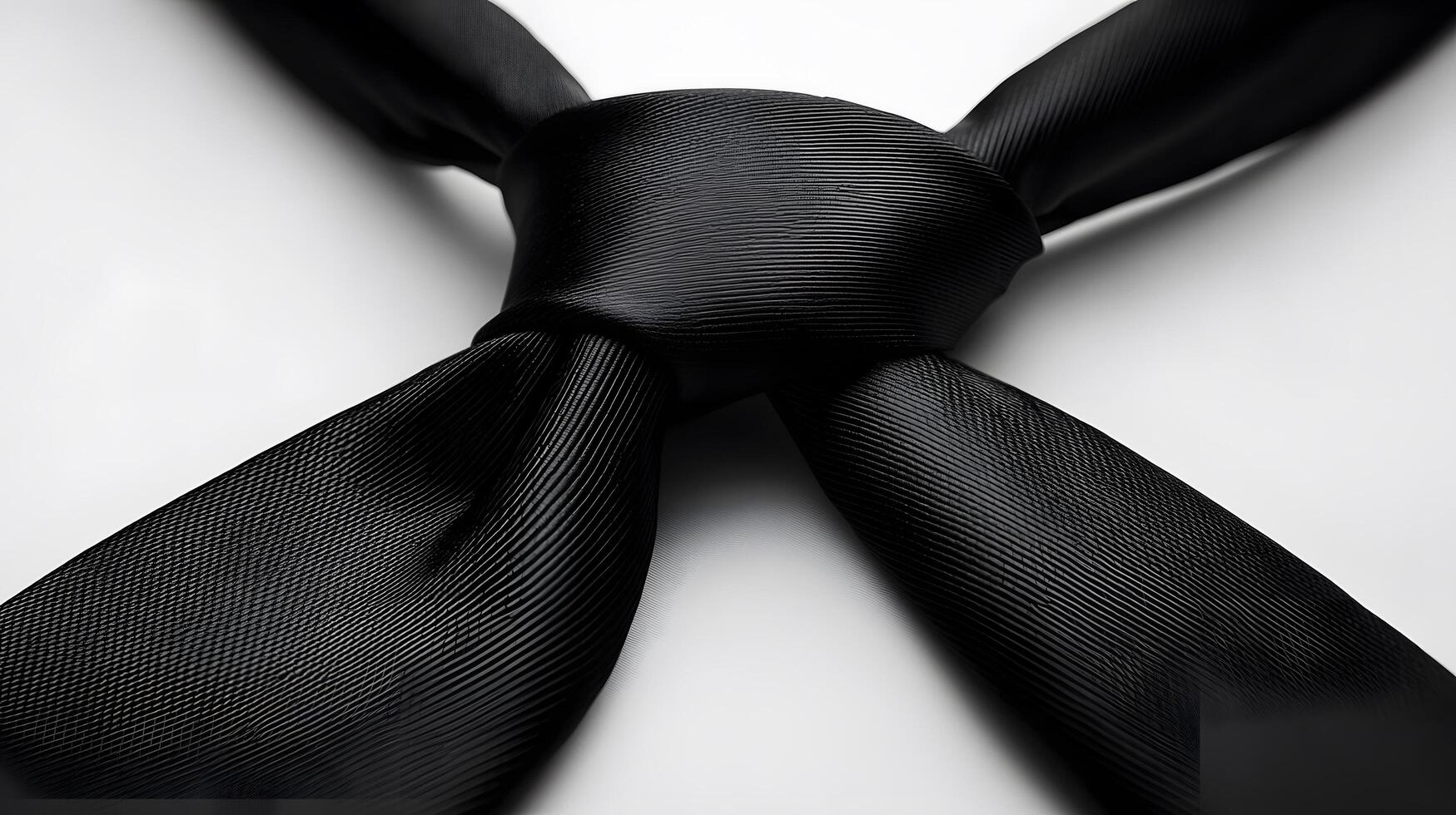 Elegant black silk necktie with collar displayed on pure white background. Minimalist business attire photography captures soft shadows and crisp details of luxury fashion accessory. minimalist photo