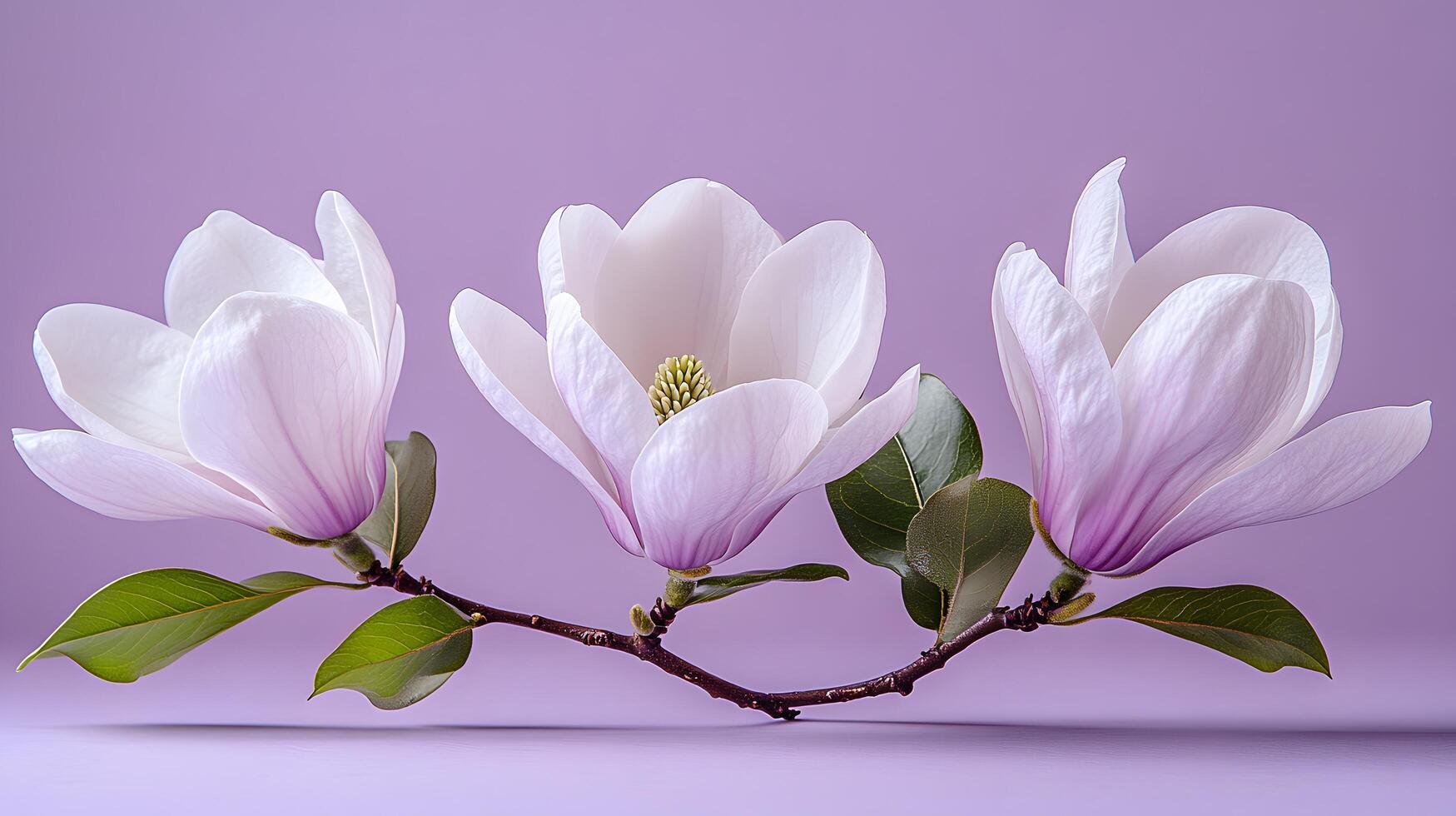 Elegant white magnolia flowers arranged on right side against light purple pastel background. Minimalist composition showcases delicate petals and green leaves in soft natural lighting. elegant photo