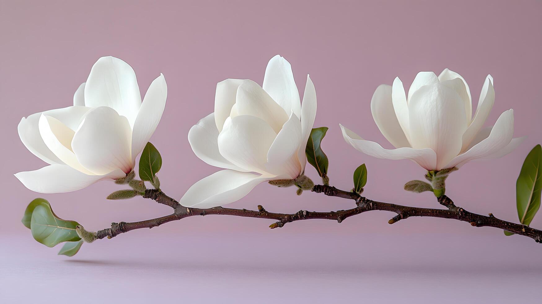 Elegant white magnolia flowers arranged on right side against light purple pastel background. Minimalist composition showcases delicate petals and green leaves in soft natural lighting. white photo