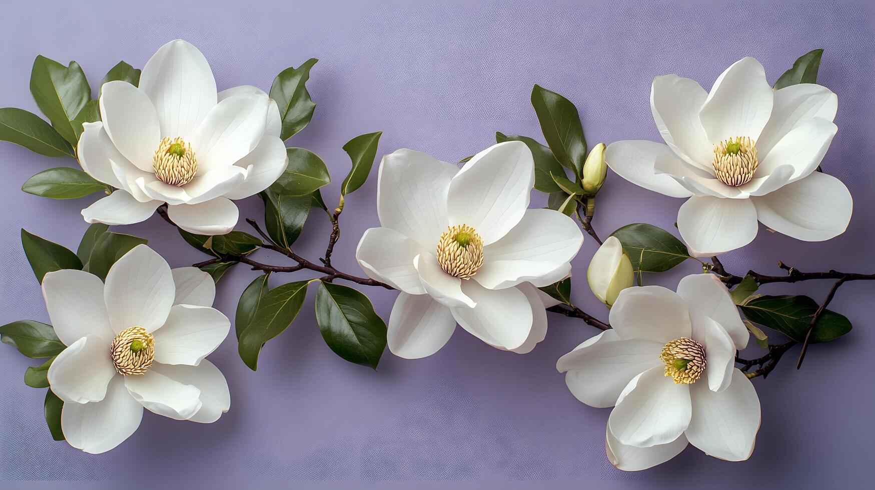 Elegant white magnolia flowers arranged on right side against light purple pastel background. Minimalist composition showcases delicate petals and green leaves in soft natural lighting. fresh photo