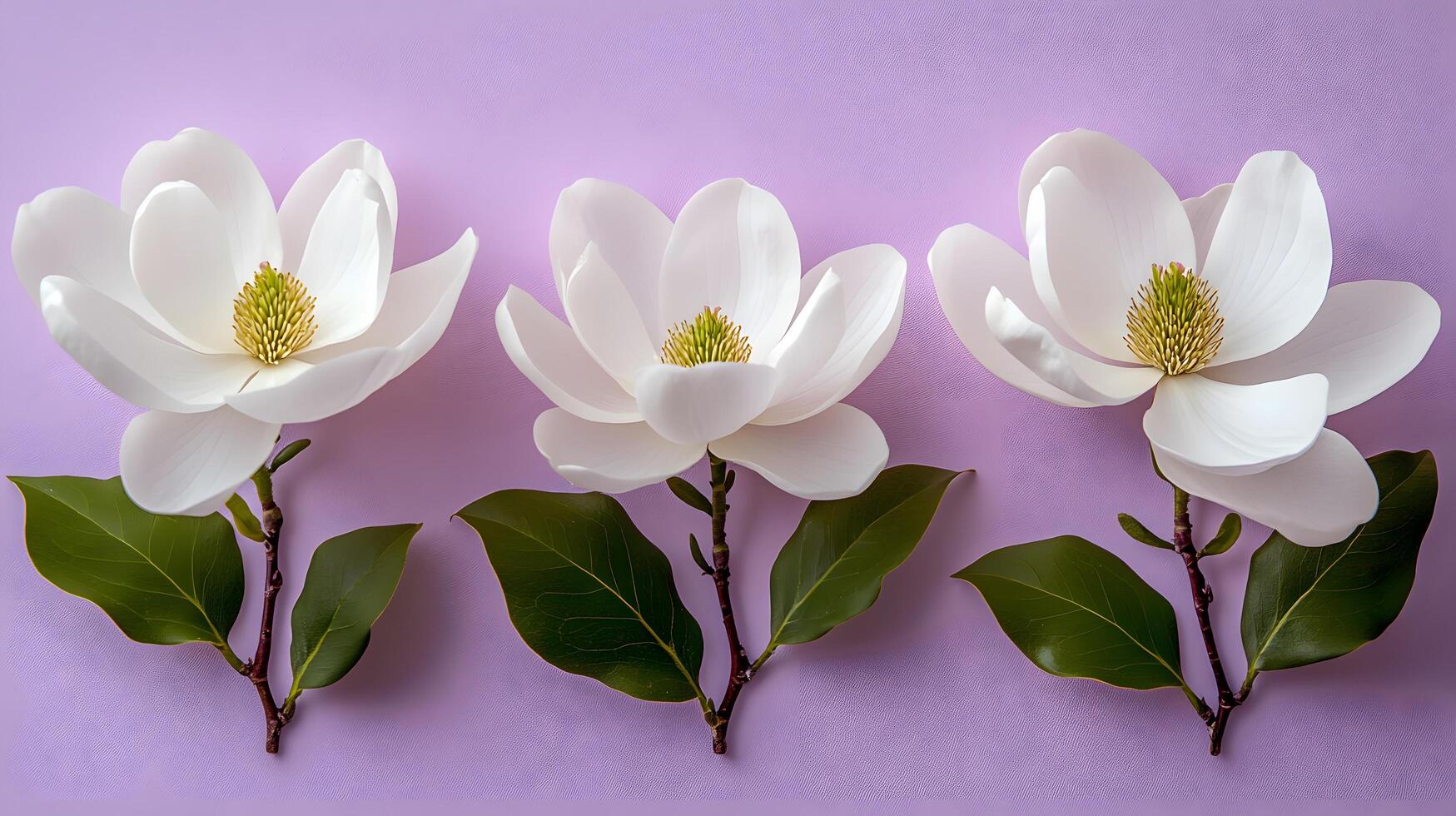 Elegant white magnolia flowers arranged on right side against light purple pastel background. Minimalist composition showcases delicate petals and green leaves in soft natural lighting. natural photo