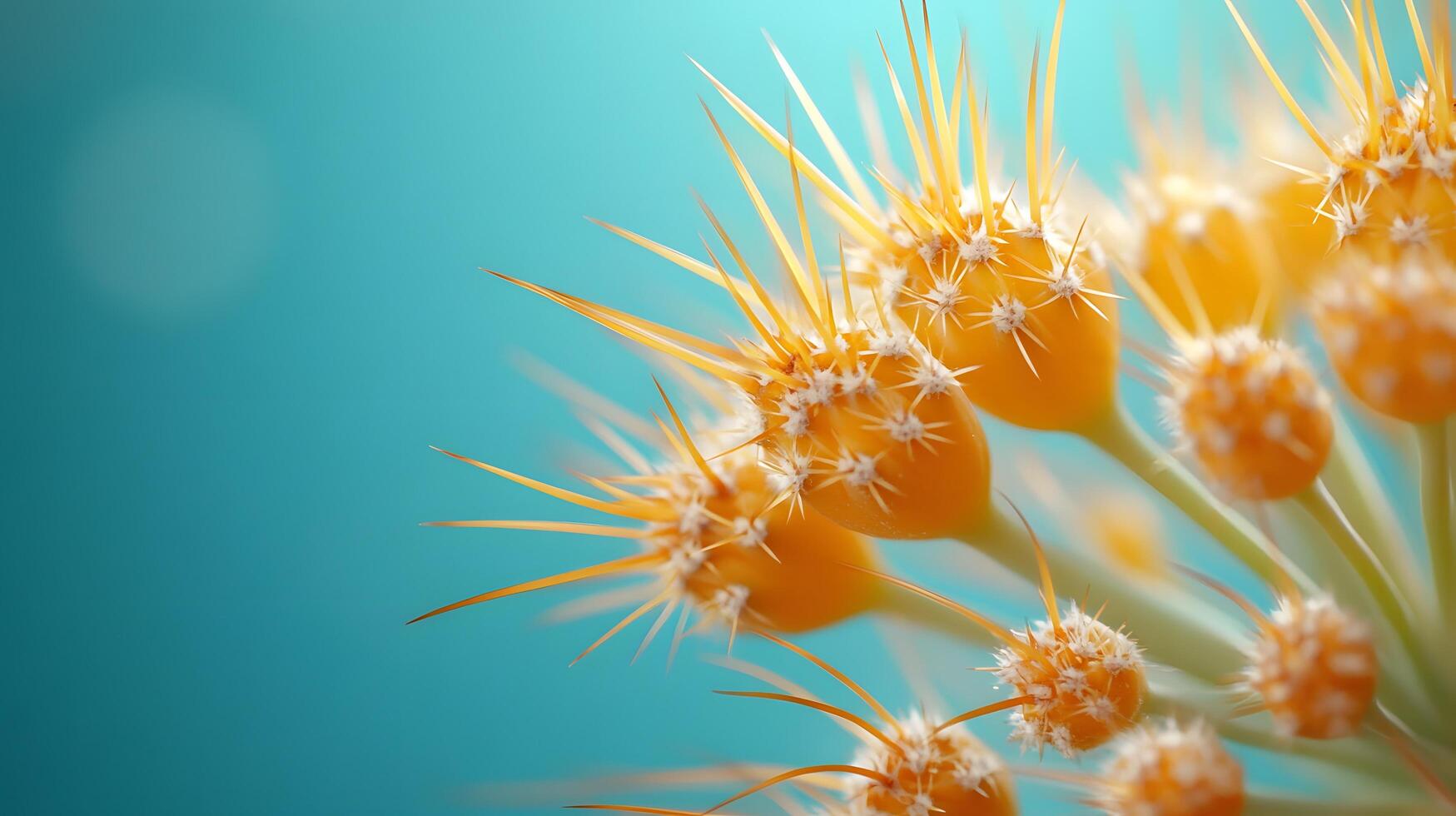 Golden barrel cactus displays striking yellow spines against soft baby blue background. Macro photography captures sharp detail of spines in clean modern aesthetic composition. vibrant photo