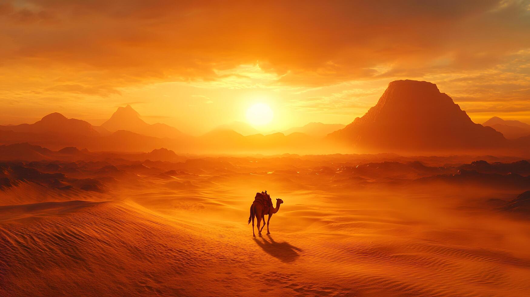 Lone camel traverses vast desert dunes during golden sunset, with windswept sand creating dramatic Sahara landscape. Warm orange tones fill dusty atmosphere while silhouetted mountains vast photo