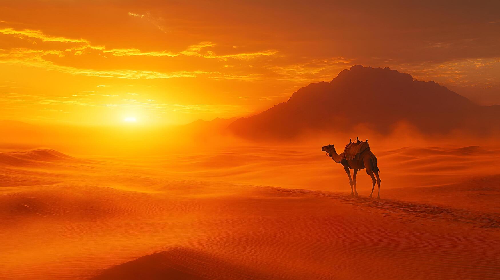 Lone camel traverses vast desert dunes during golden sunset, with windswept sand creating dramatic Sahara landscape. Warm orange tones fill dusty atmosphere while silhouetted mountains horizon photo
